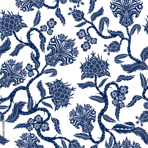 Dekoracja na wymiar  wzor-z-galezi-kwiatow-w-stylu-chinoiserie-japonski-niebieski-nadruk-ceramiczny