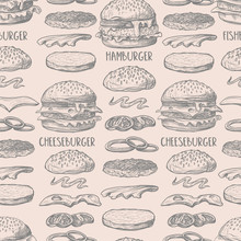 Seamless Pattern With Burgers In Graphic Style.