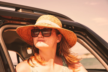 Poster - Summer car and woman with hat . 