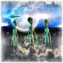 Wall Mural - Surreal painting. Three aliens in clouds. Flying saucers in the sky