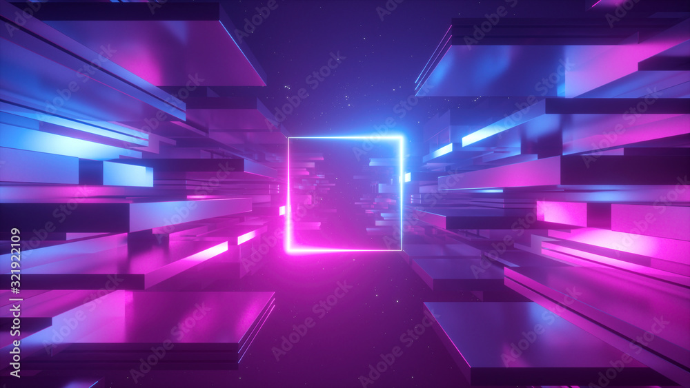 3d render, abstract futuristic background, blue pink neon light ...