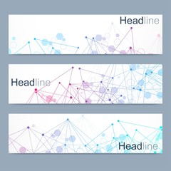 Poster - scientific set of modern vector banners. dna molecule structure with connected lines and dots. scien
