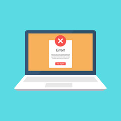 Error message on laptop screen. Crash, error, failure of the system. Flat Color Icon.	