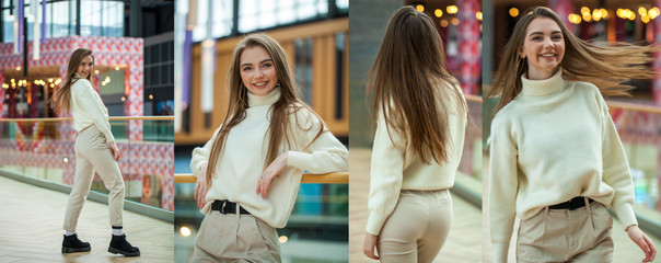 Wall Mural - Portrait of a young beautiful women in white sweater