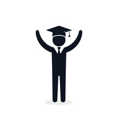 Graduate student boy in square hat raise hands vector icon. Male in mortar hat and graduation academic wear