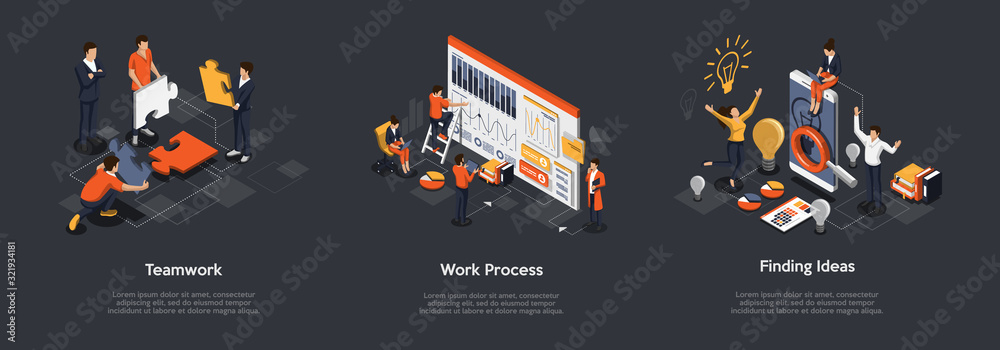 Isometric Set Of Teamwork Process, Work Process And Finding Ideas Concept. 3d Isometric Illustration Of Digital Marketing And Development. Vector illustration - obrazy, fototapety, plakaty 