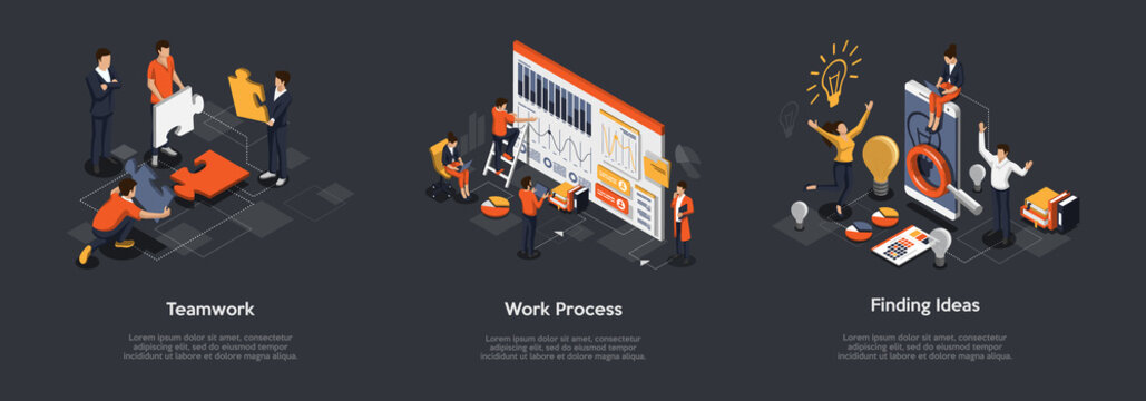 isometric set of teamwork process, work process and finding ideas concept. 3d isometric illustration