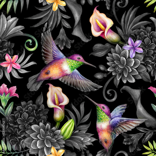 Dekoracja na wymiar  cyfrowa-ilustracja-botaniczna-akwarela-kwiatowy-wzor-dzikie-tropikalne-kwiaty-buczenie-ptakow-czarne-tlo-rajska-noc-w-ogrodzie-liscie-palmowe-hortensja-gerber-lilia-kalia-plumeria