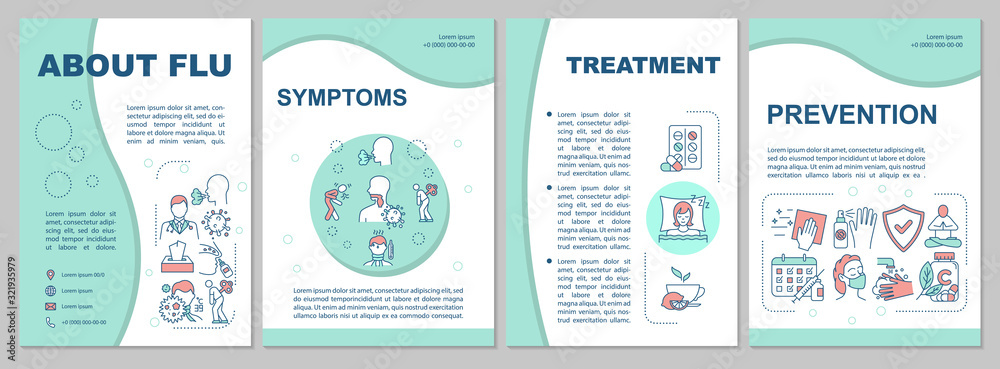 About flu brochure template. Influenza symptoms. Disease awareness. Flyer, booklet, leaflet print, cover design with linear icons. Vector layouts for magazines, annual reports, advertising posters - obrazy, fototapety, plakaty 