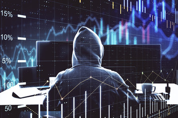 Poster - Hacker sitting in office and using computer with chart
