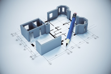 Poster - Blueprint, pencil and house model on gray table.