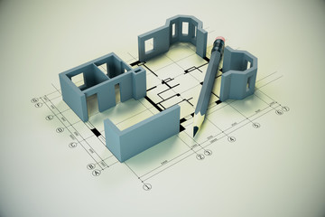 Poster - Blueprint, pencil and house model on yellow table