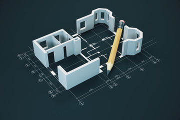 Poster - Blueprint, pencil and house model on table.