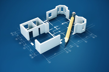 Poster - Blueprint, pencil and house model on blue table.