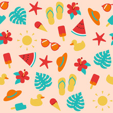 Seamless Pattern Seasons Summer Ice Cream, Flip Flops, Watermelon And More