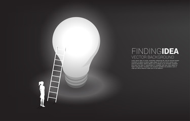 Poster - Silhouette of businesswoman standing with ladder on light bulb . Business Concept of creative idea and solution.