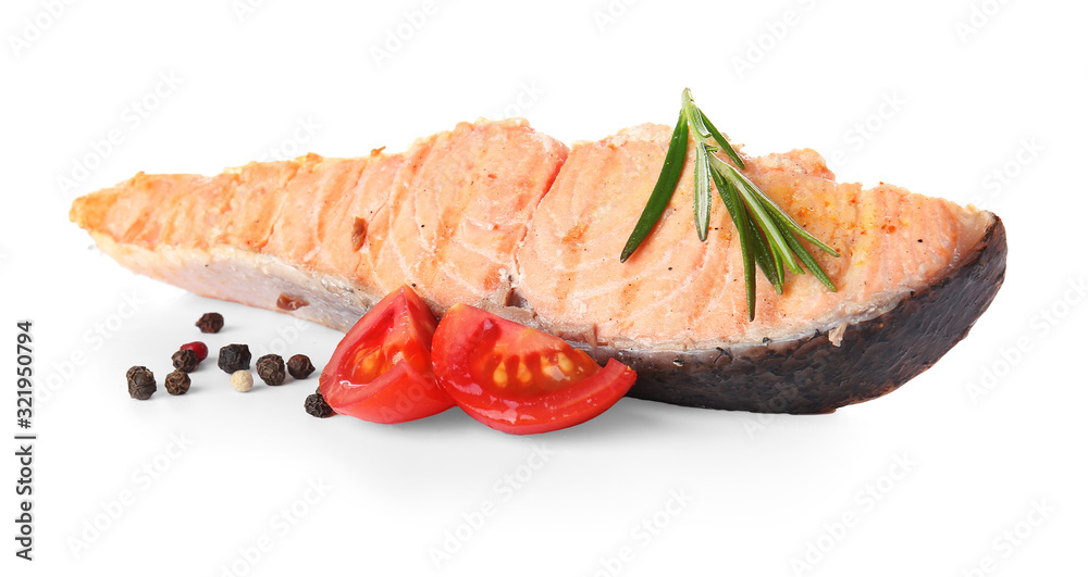Tasty cooked salmon on white background