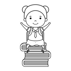 Sticker - cute little student girl seated in books