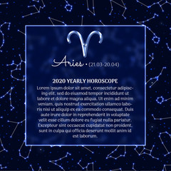 Wall Mural - Aries astrology horoscope prediction for 2020 year. Luminous zodiac signs on blue background. Aries star sign, dates of birth and personality traits. Mystical vector design of horoscope constellation