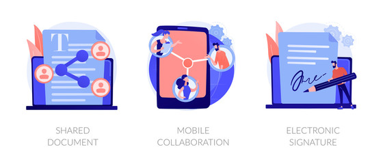 Poster - Digital documentation, remote colleagues connection, contract signing icons set. Shared document, mobile collaboration, electronic signature metaphors. Vector isolated concept metaphor illustrations