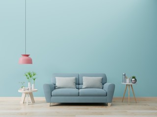 Modern living room interior with sofa and green plants,lamp,table on blue wall background.