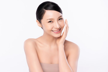 Portrait beautiful young asian woman clean fresh bare skin concept. Asian girl beauty face skincare and health wellness, Facial treatment, Perfect skin, Natural makeup, on white background,two