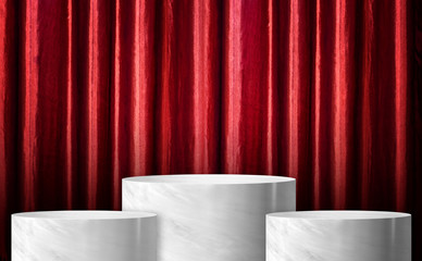 Aufkleber - Product display glossy white marble cylinder stand winner podium in three step with red curtain wall background.Banner mockup space for display of product design
