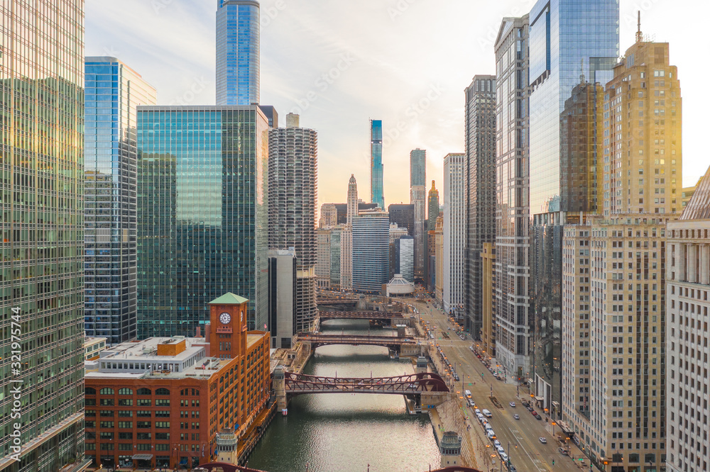 Chicago downtown buildings aerial skyline - obrazy, fototapety, plakaty 
