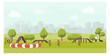 Agility track in city park flat illustration. Dog playground vector. Woman training dog in public park. Training equipment: barriers, swing, tunnel, slalom.