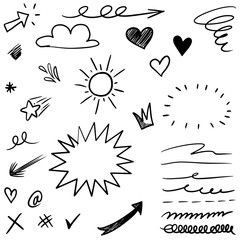 Wall Mural - hand drawn set elements, black on white background. arrow, heart, love, speech bubble, star, leaf, s