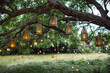 Evening wedding ceremony with a lot of vintage lanterns, lamps, candles. Unusual outdoor ceremony decoration. Beautiful garden party concept.
