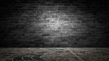 Wall Mural - background of an empty black room, a cellar, lit by a searchlight. Brick black wall and wooden floor