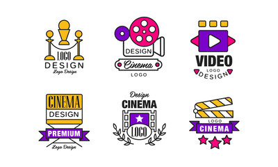 Sticker - Cinema Retro Logo Design Templates Collection, Bright Original Vintage Cinematography Badges Vector Illustration