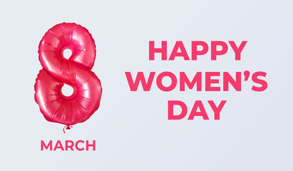 March 8. International Women's Day banner. Realistic 3D vector illustration with flying helium balloon in the form of number 8. Festive, love, women, femininity concept