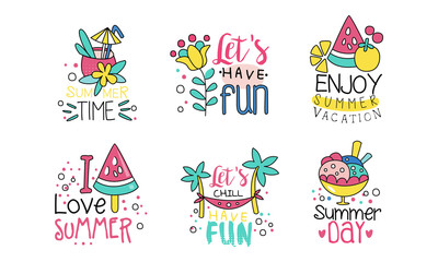 Wall Mural - Summer Time Logo Design Templates Collection, Lets Have Fun, Enjoy Summer Vacation Cute Colorful Labels Vector Illustration