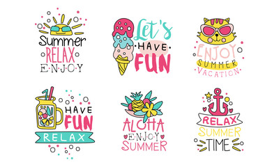 Wall Mural - Enjoy Summer Vacation Logo Design Templates Collection, Relax Summer Time, Lets Have Fun Cute Colorful Labels Vector Illustration