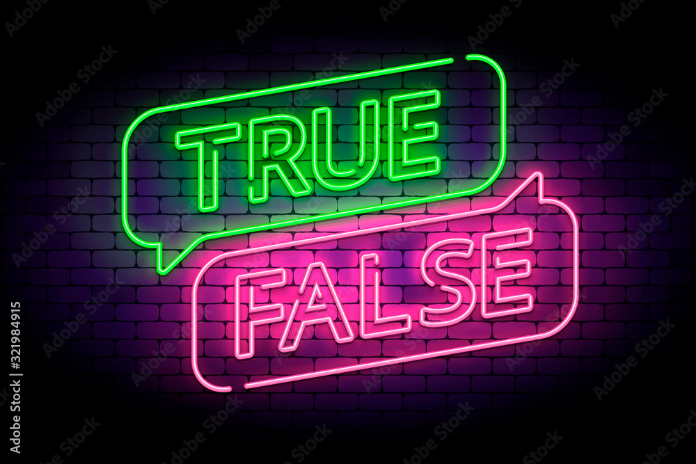 True and false neon sign with speech bubbles on a brick wall. Vector illustration for facts or myths. - obrazy, fototapety, plakaty 
