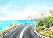 Coast Road To The Sea. Trip Concept With Copy Space. Hand-drawn Watercolor Illustrations And Backgrounds.