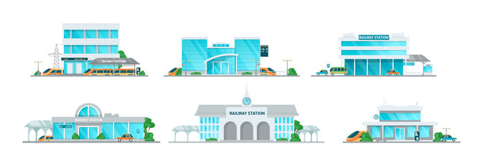 Wall Mural - Railway station building cartoon set vector illustration