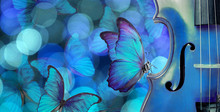 Blues Music Concept. Melody Concept. Butterfly Sitting On A Violin. Violin On A Blurry Blue Background. Blurry Lights And Blue Morpho Butterflies. 