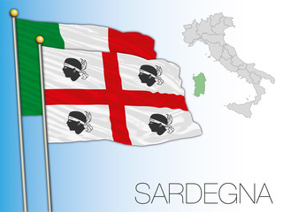 Sardinia or Sardegna official regional flag and map, Italy, vector illustration