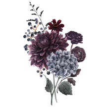Beautiful Bouquet Composition With Watercolor Dark Blue, Red And Black Dahlia Hydrangea Flowers. Stock Illustration.