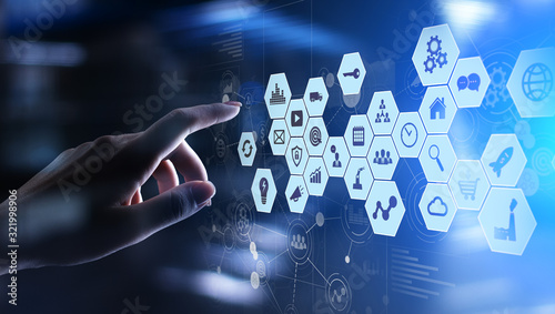 Cuadros en Lienzo Mixed media, Business intelligence icons on virtual screen, analysis big data processing dashboard