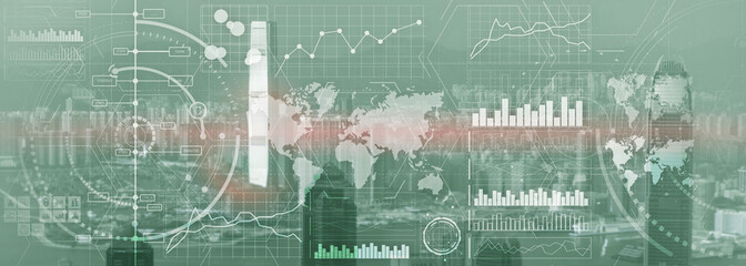 Wall Mural - business intelligence control interface marketing finance management city skyline view website panor