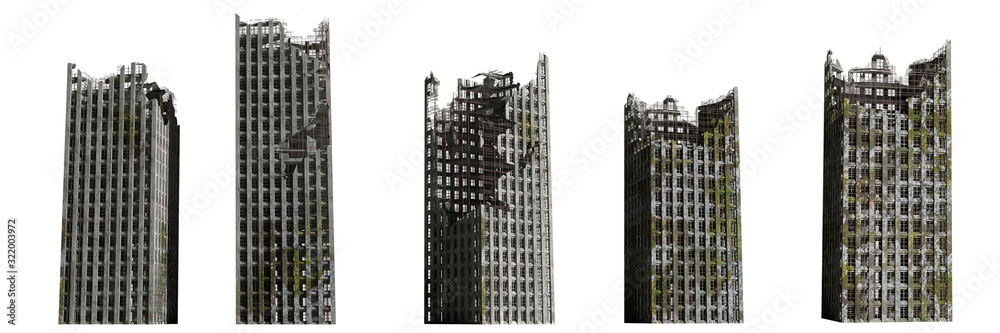 set of ruined skyscrapers, tall post apocalyptic buildings isolated on white background - obrazy, fototapety, plakaty 