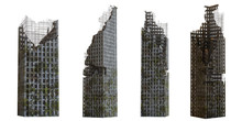 Collection Of Ruined Skyscrapers, Tall Post Apocalyptic Buildings Isolated On White Background