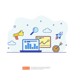 Poster - digital marketing strategy concept vector illustration. Business growth graph and chart increase to success. Return on investment ROI or increase profit. Finance stretching rising up for banner