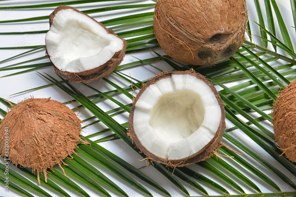 Ripe coconuts and palm leaves on white background
