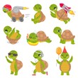 Turtle child. Cute little green turtles mascot, fast rocket tortoise and sleeping turtle vector illustration set. Collection of funny baby reptiles or reptilians. Bundle of happy wild exotic animals.