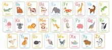 Alphabet Cards For Kids. Educational Preschool Learning ABC Card With Animal And Letter Cartoon Vector Illustration Set. Flashcards With Cute Characters And English Words Placed In Alphabetical Order.